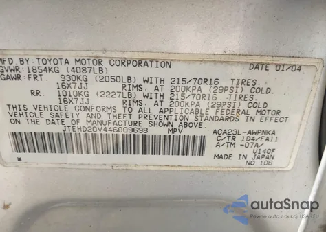 2004 Toyota Rav4 из США, поврежденный, VIN JTEHD20V446009698